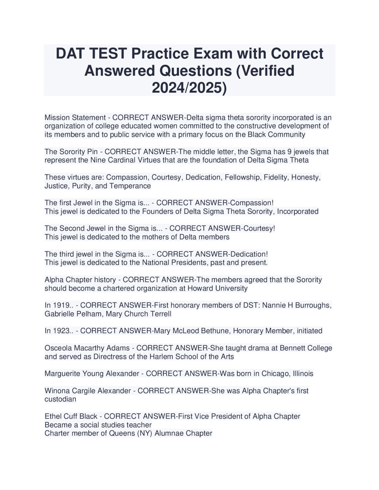 DAT TEST Practice Exam with Correct Answered Questions (Verified 2024/ ...