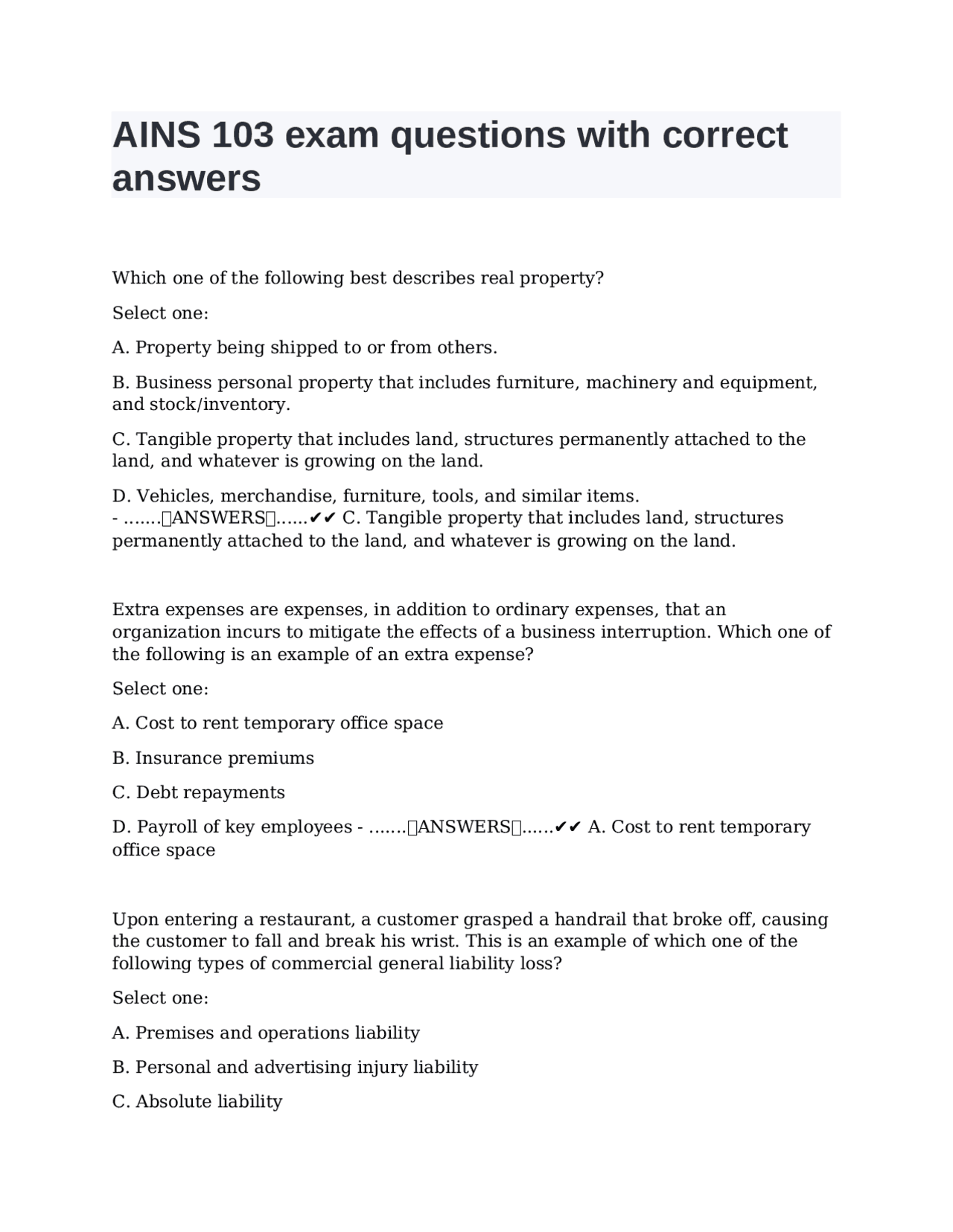 AINS 103 exam questions with correct answers | Exams Nursing | Docsity