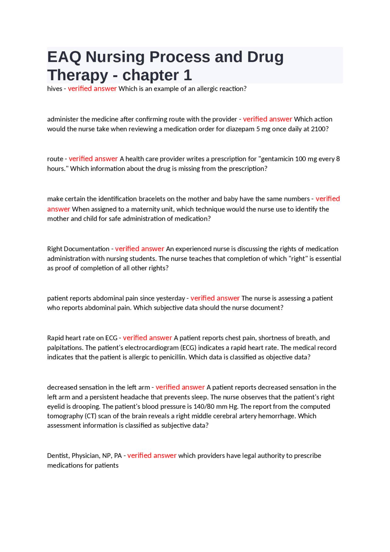 EAQ Nursing Process and Drug Therapy - chapter 1 | Exams Nursing | Docsity