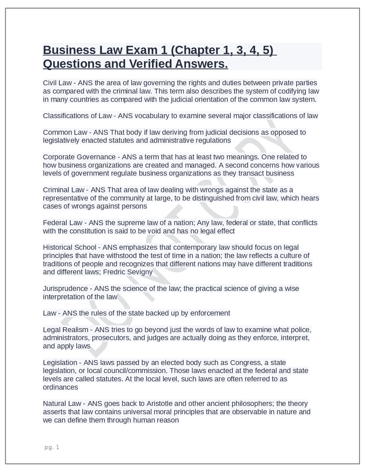 Business Law Exam 1 (Chapter 1, 3, 4, 5) Questions and Verified Answers ...