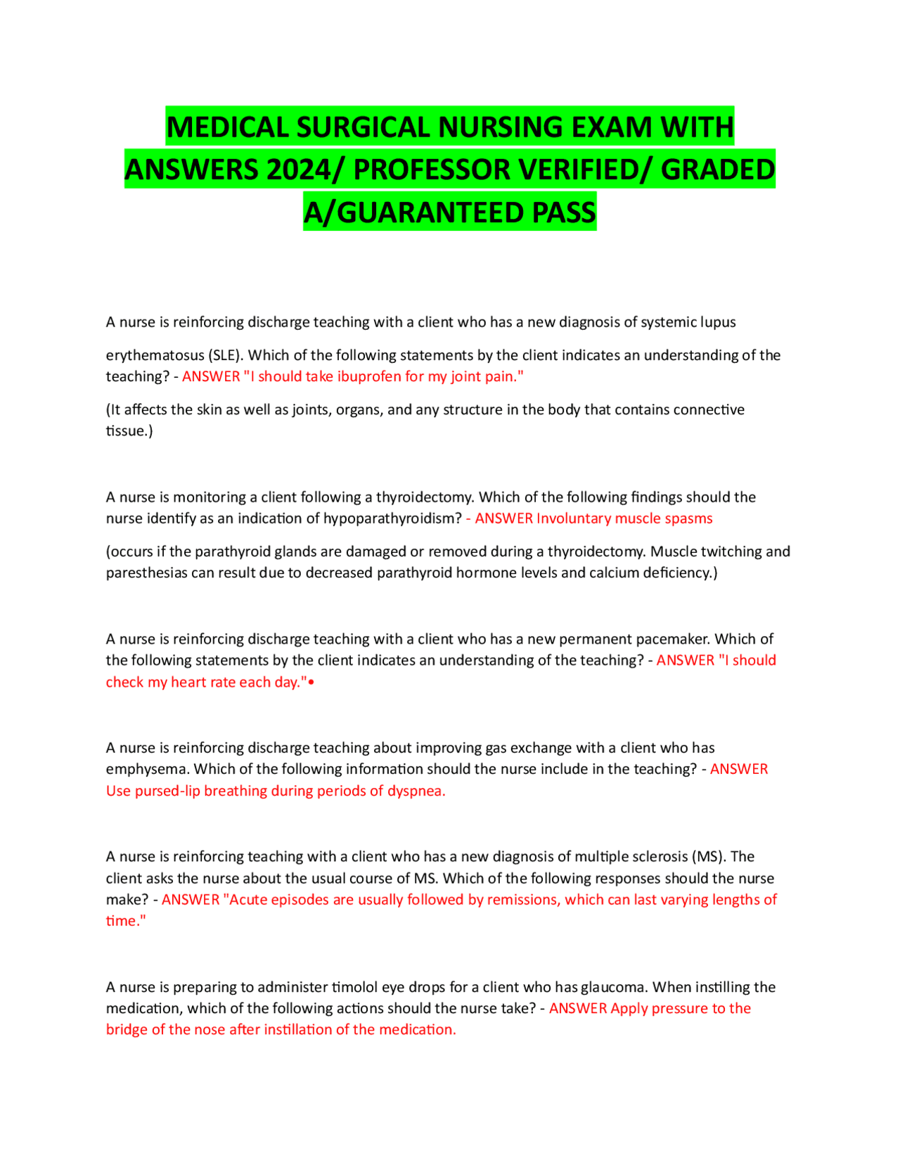 Medical Surgical Nursing Exam with Answers 2024 | Exams Nursing | Docsity