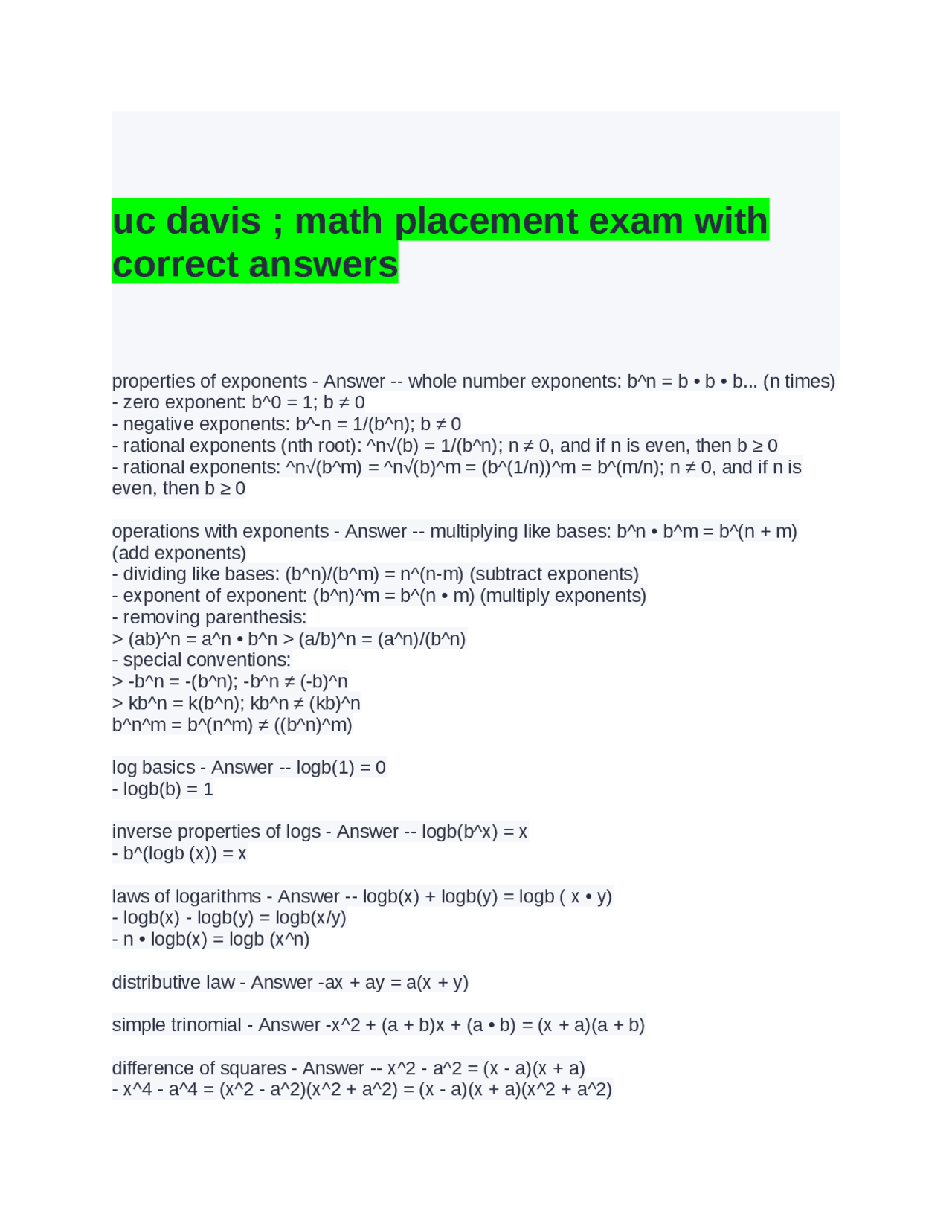 uc davis math placement exam with correct answers Exams Mathematics