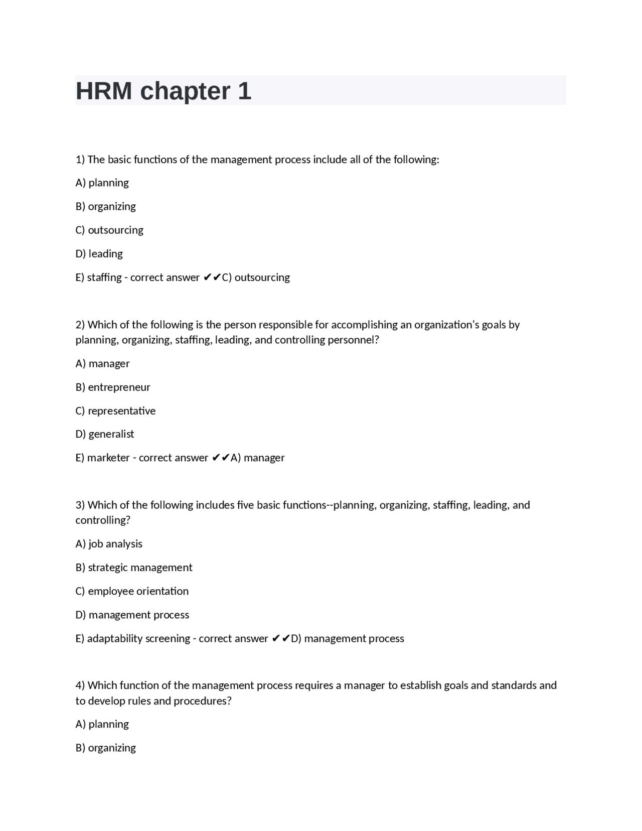 HRM chapter 1 questions with correct answers | Exams Nursing | Docsity