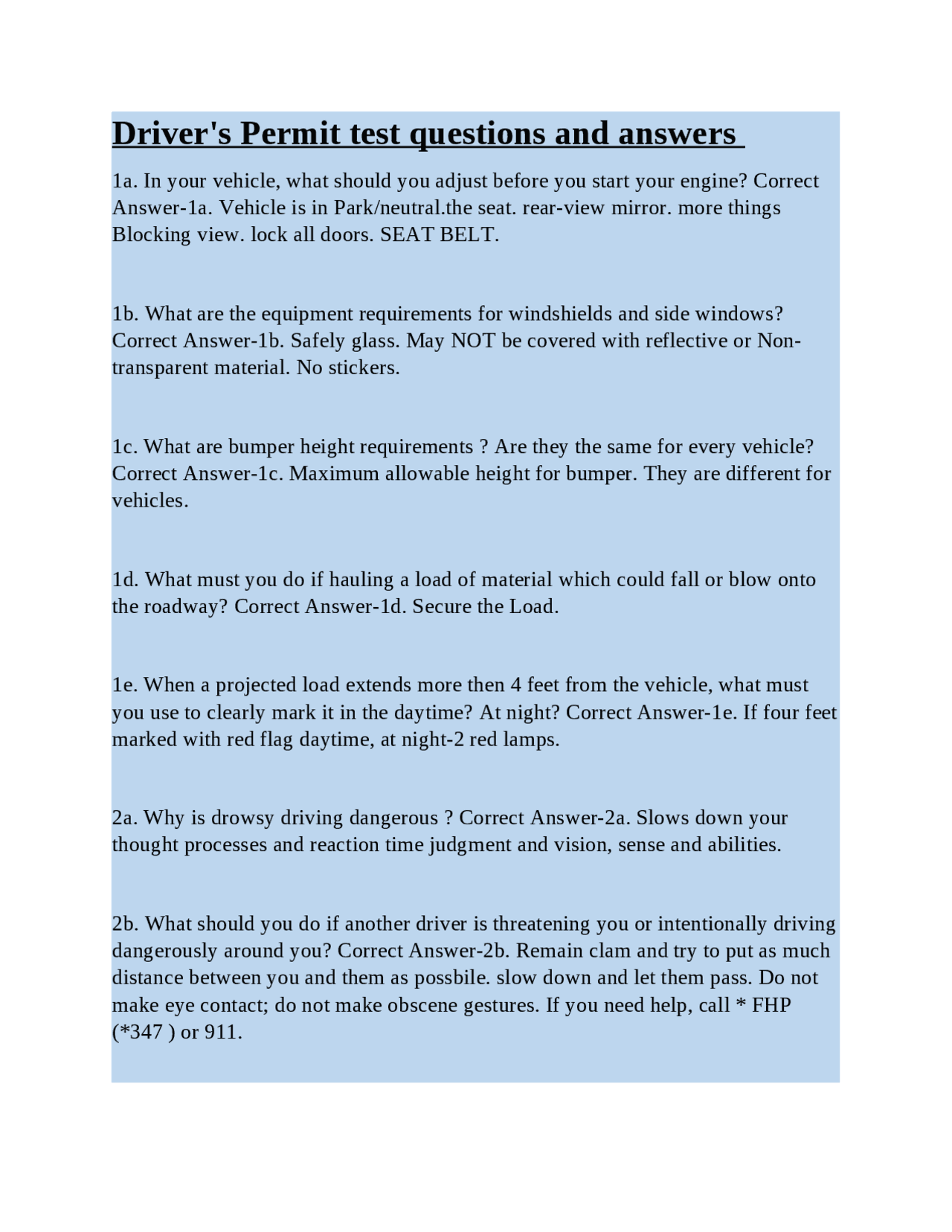 Driver's Permit test questions and answers | Exams Law | Docsity