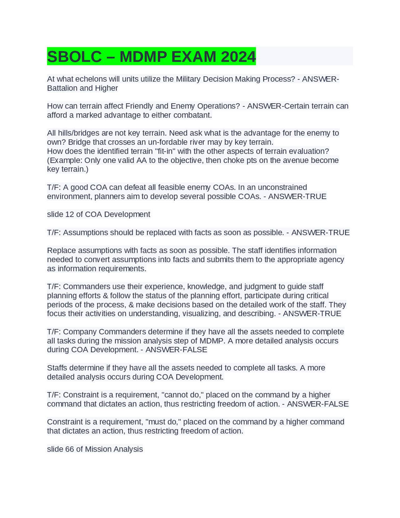 Mdmp Worksheet.pdf SBOLC – MDMP EXAM 2024 Solved 100% | Exams Advanced Education | Docsity