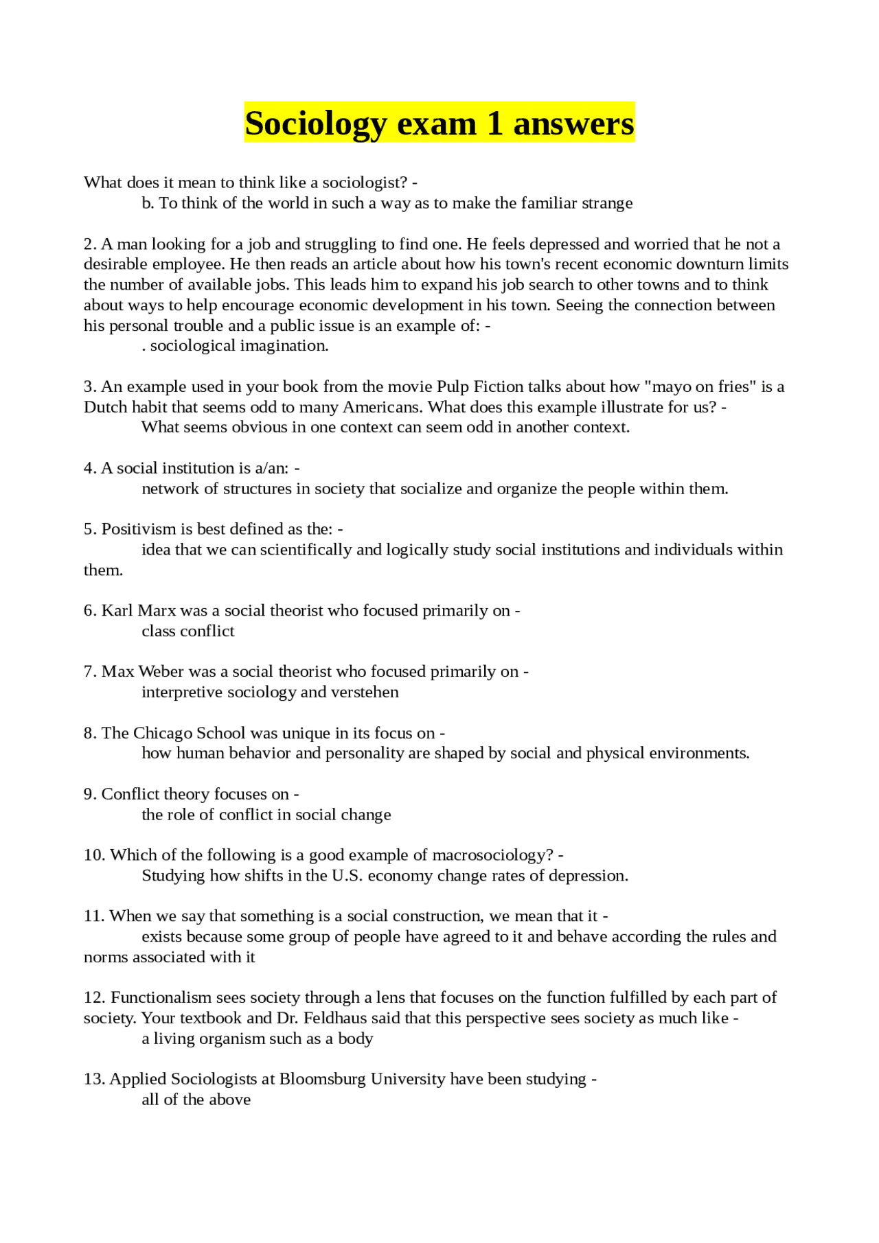 Sociology Exam 1 Answers | Exams Physiology | Docsity