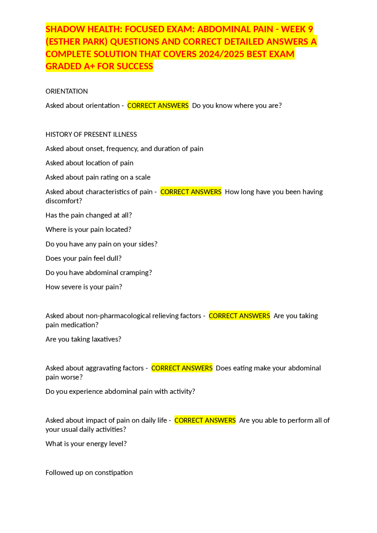 SHADOW HEALTH: FOCUSED EXAM: ABDOMINAL PAIN - WEEK 9 (ESTHER PARK) QUESTIONS AND CORRECT D ...