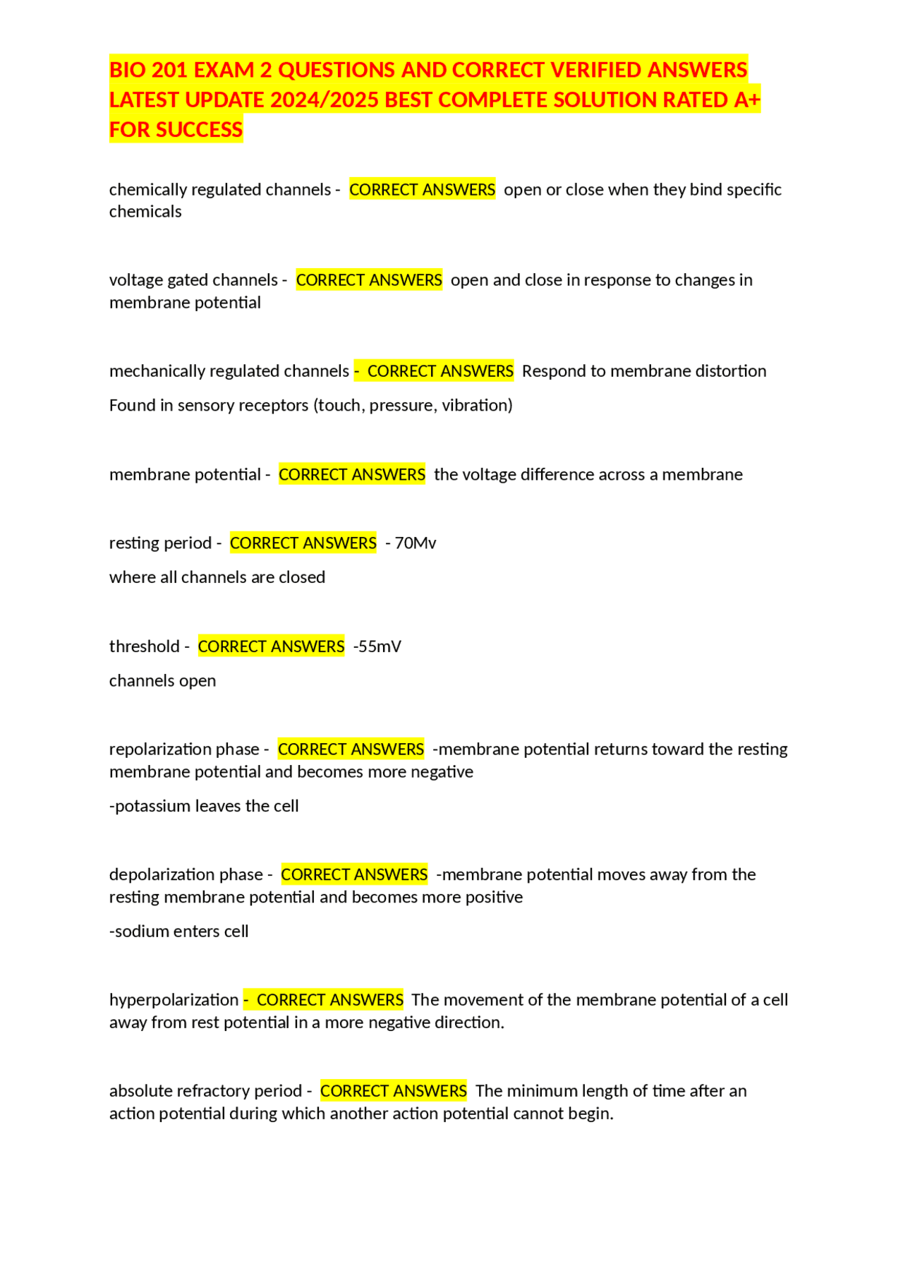BIO 201 EXAM 2 QUESTIONS AND CORRECT VERIFIED ANSWERS LATEST UPDATE ...