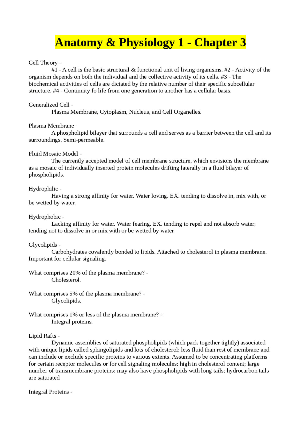 Anatomy & Physiology 1 - Chapter 3 | Exams Anatomy | Docsity
