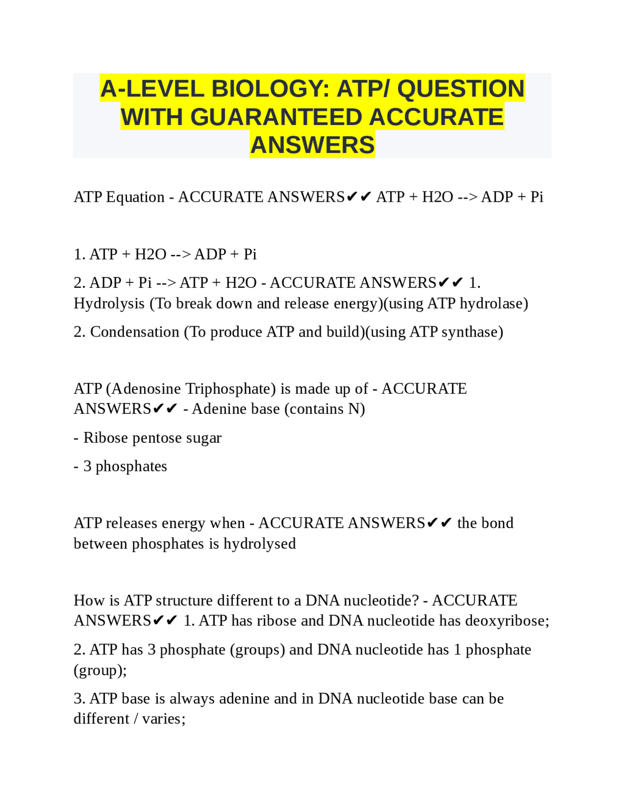 A-LEVEL BIOLOGY: ATP/ QUESTION WITH GUARANTEED ACCURATE ANSWERS | Exams ...
