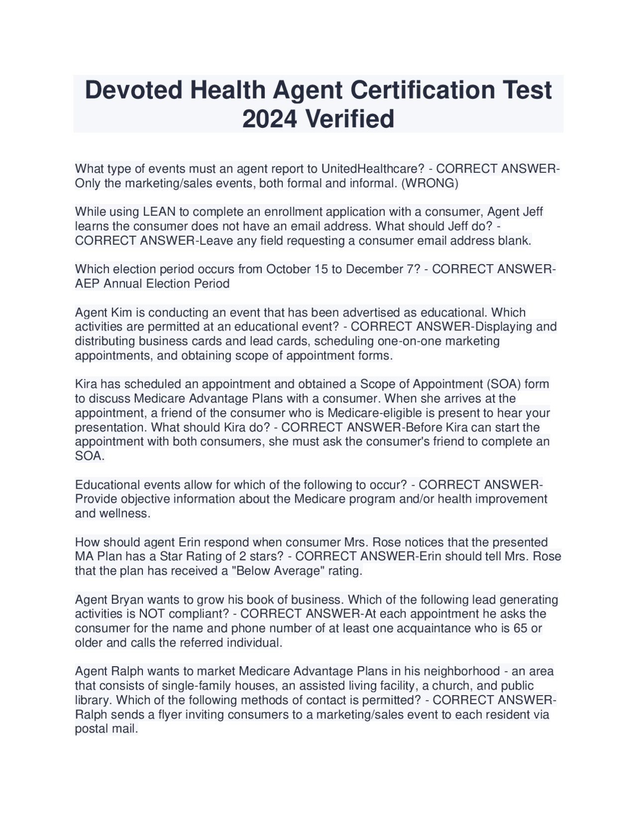 Devoted Health Agent Certification Test 2024 Verified | Exams Nursing ...