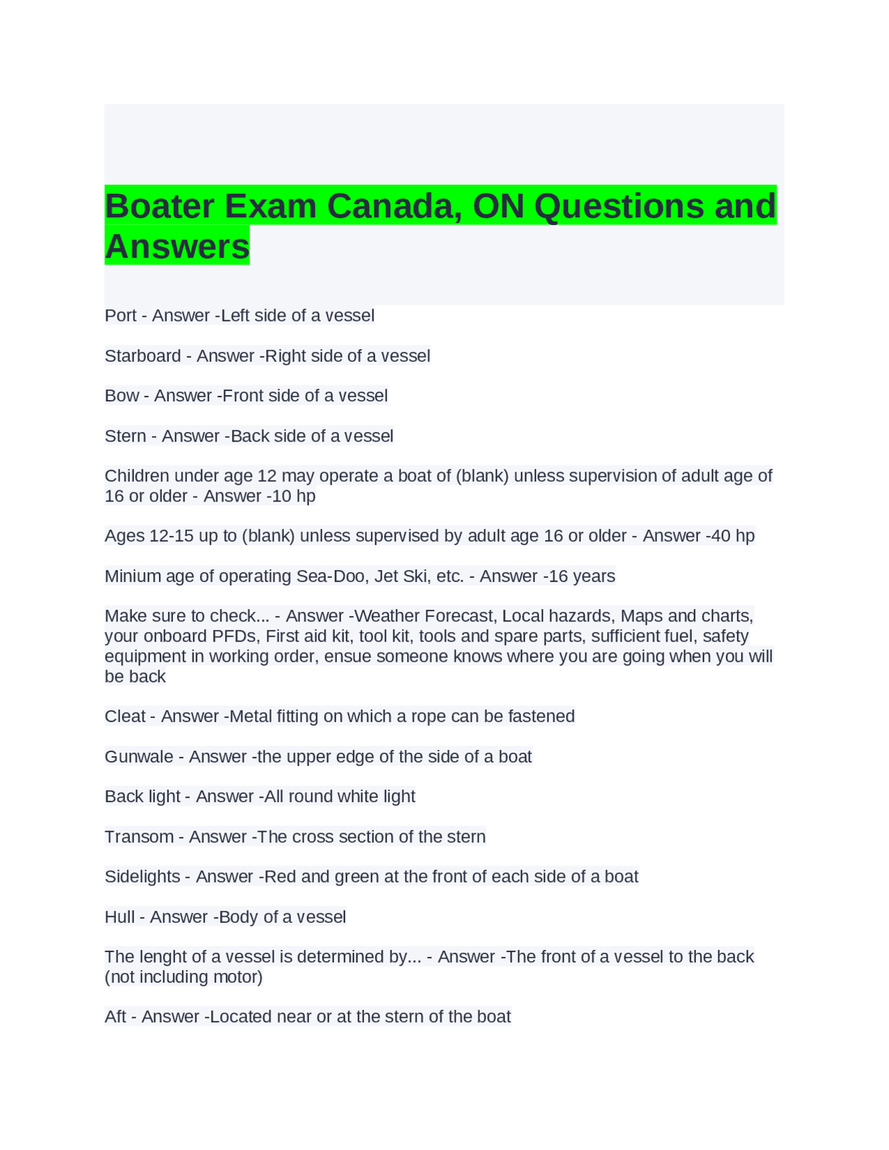 Boater Exam Canada, ON Questions and Answers Exams Advanced Education