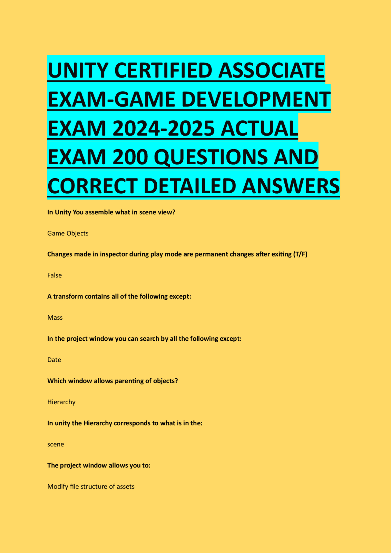 UNITY CERTIFIED ASSOCIATE EXAM-GAME DEVELOPMENT EXAM 2024-2025 ACTUAL ...