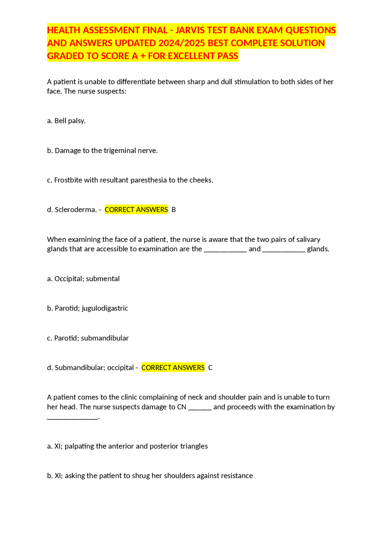 HEALTH ASSESSMENT FINAL - JARVIS TEST BANK EXAM QUESTIONS AND ANSWERS ...