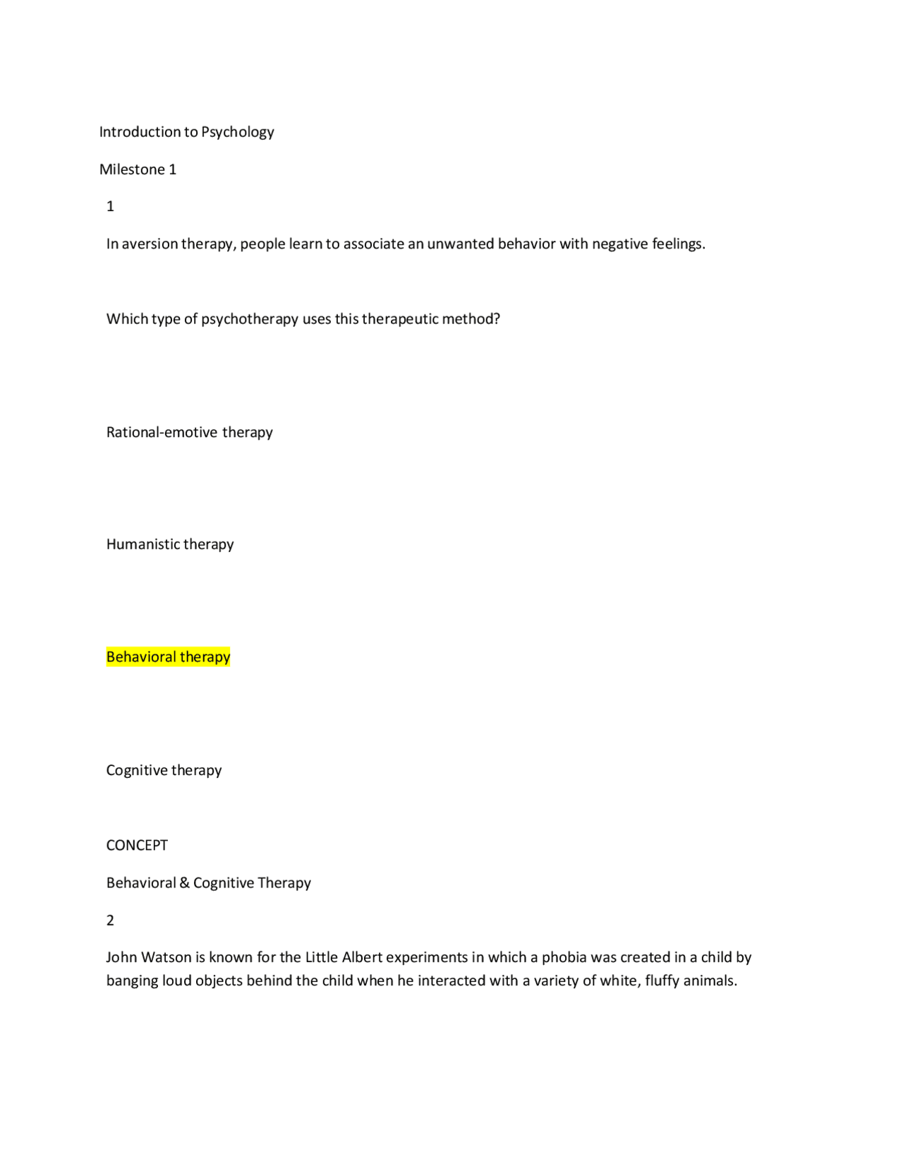 Introduction to Psychology Unit 3 Milestone 1. | Exams Psychology | Docsity
