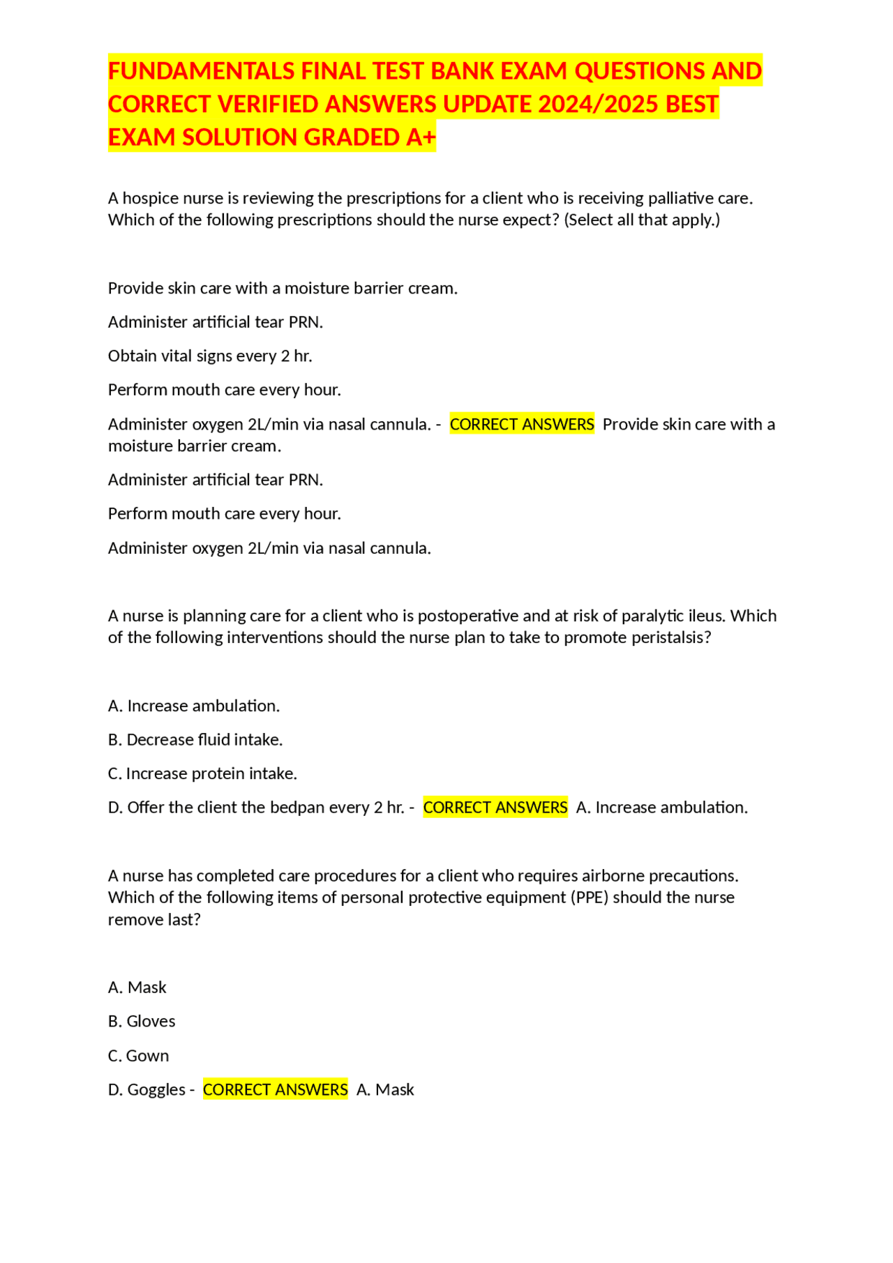 FUNDAMENTALS FINAL TEST BANK EXAM QUESTIONS AND CORRECT VERIFIED ...