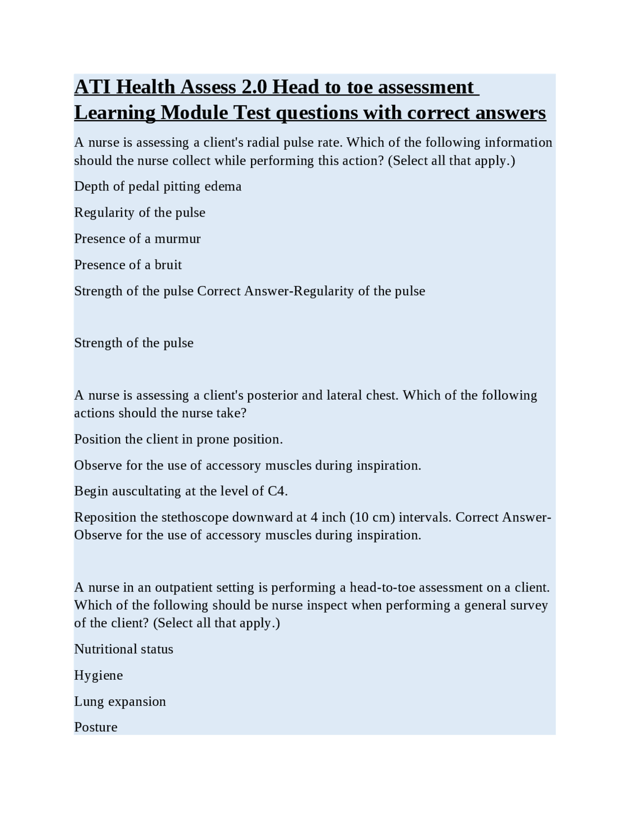 ATI Health Assess 2.0 Head to toe assessment Learning Module Test
