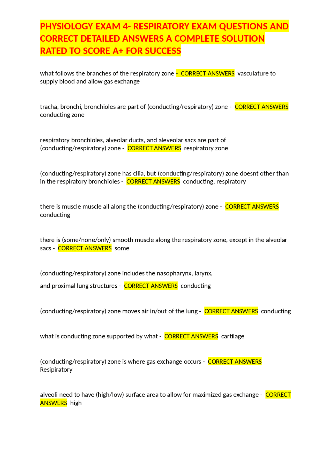 PHYSIOLOGY EXAM 4- RESPIRATORY EXAM QUESTIONS AND CORRECT DETAILED ...