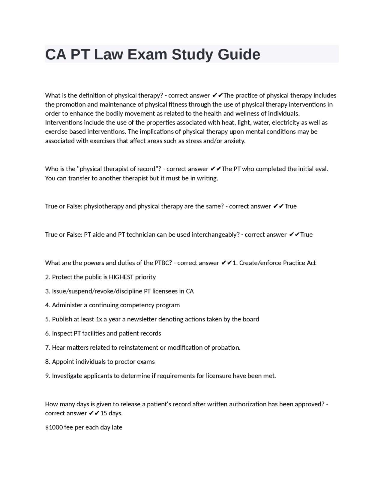 CA PT Law Exam Study Guide with complete solutions | Exams Nursing ...