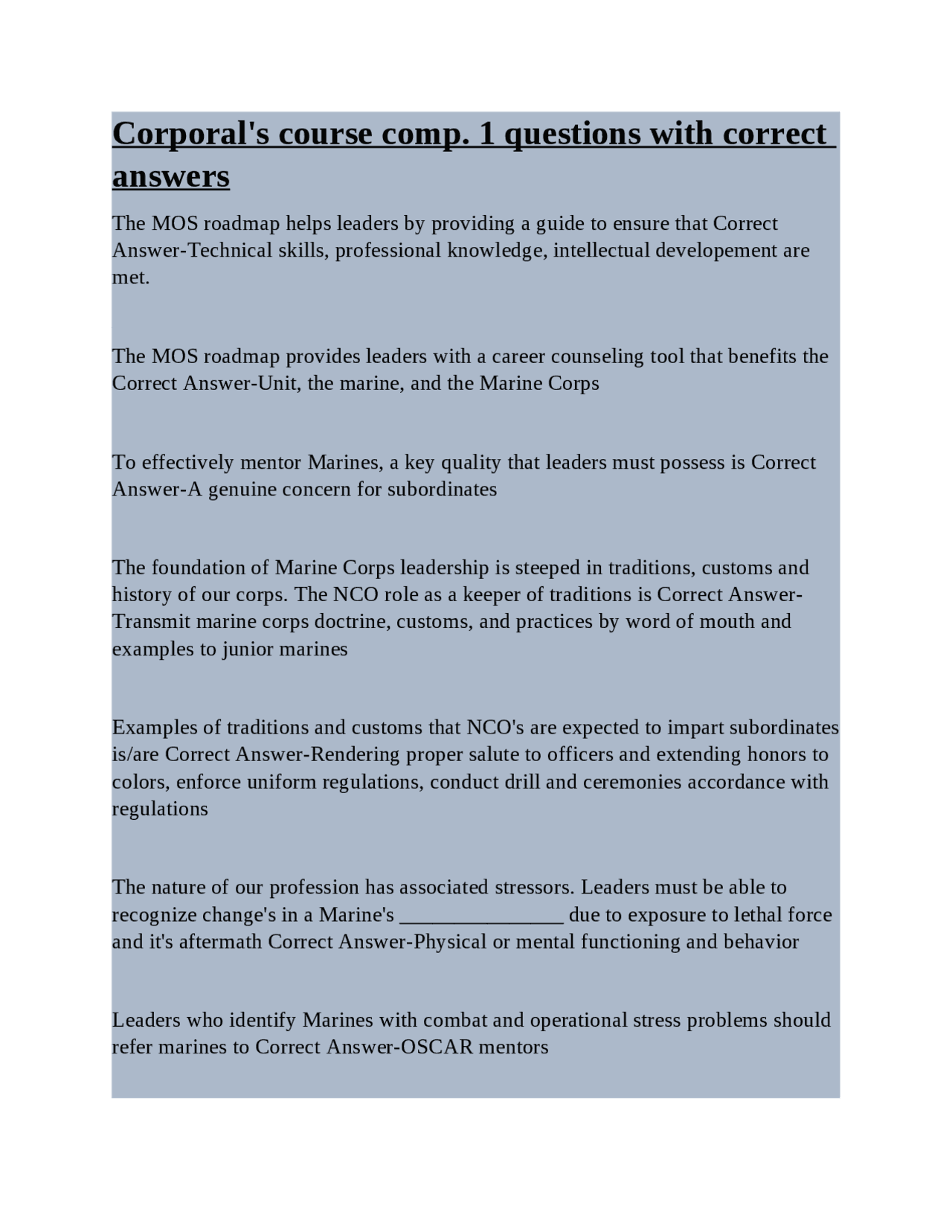 Corporal's course comp. 1 questions with correct answers | Exams Marine ...