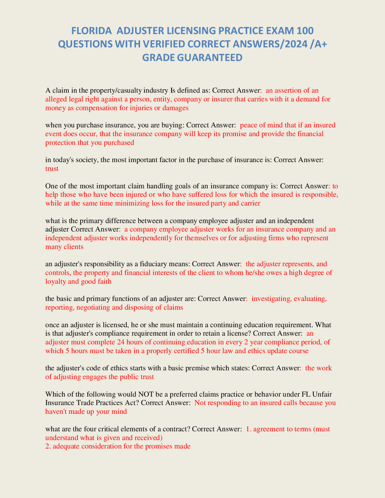 Florida Adjuster Licensing Practice Exam Exams Nursing Docsity