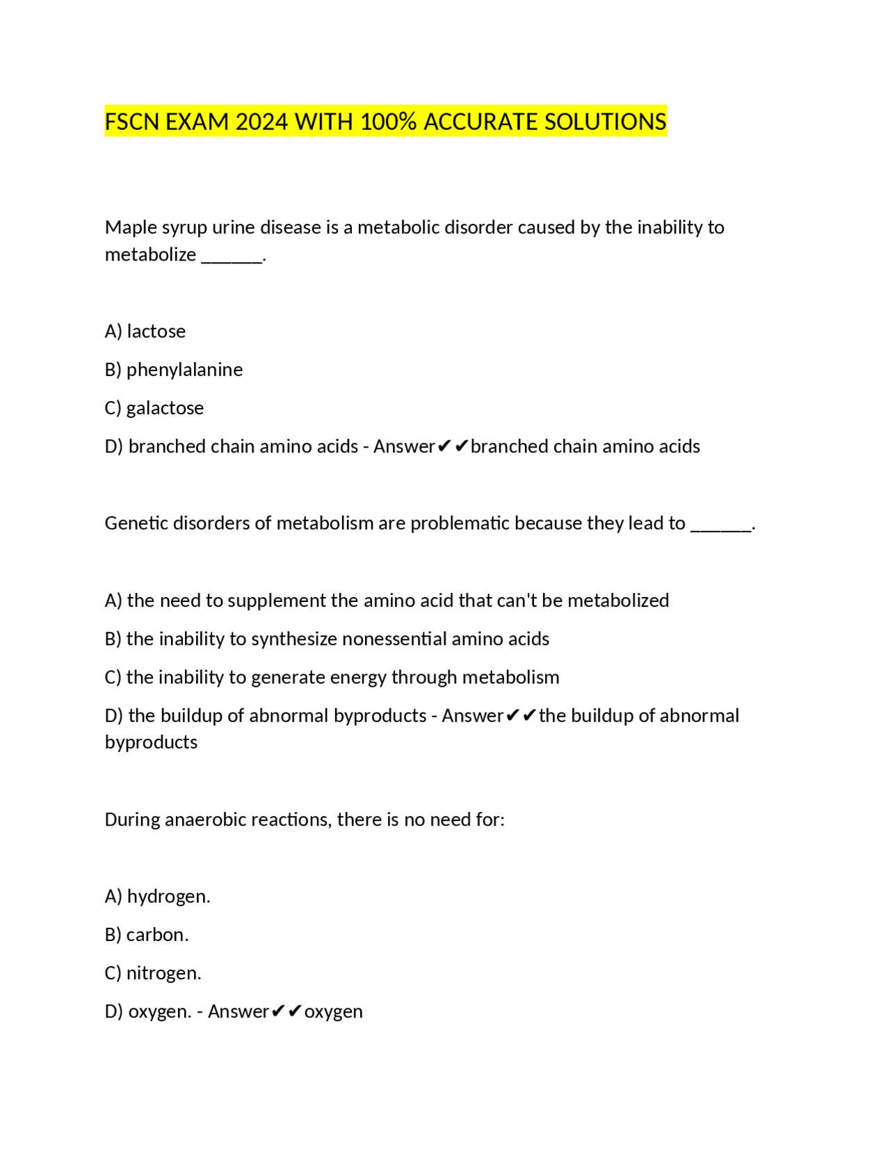 Metabolic Disorders and Nutrient Metabolism | Exams Nursing | Docsity