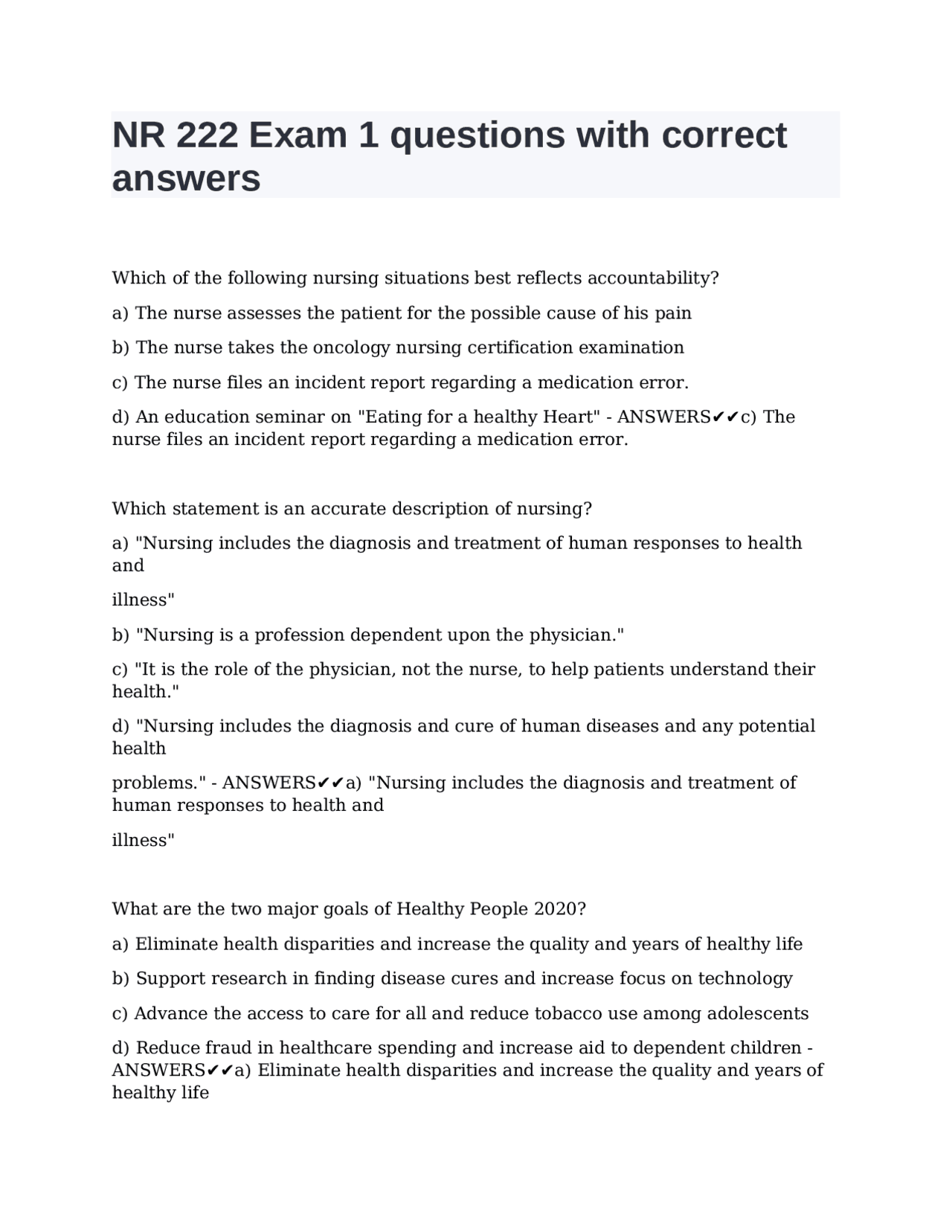 NR 222 Exam 1 questions with correct answers | Exams Nursing | Docsity