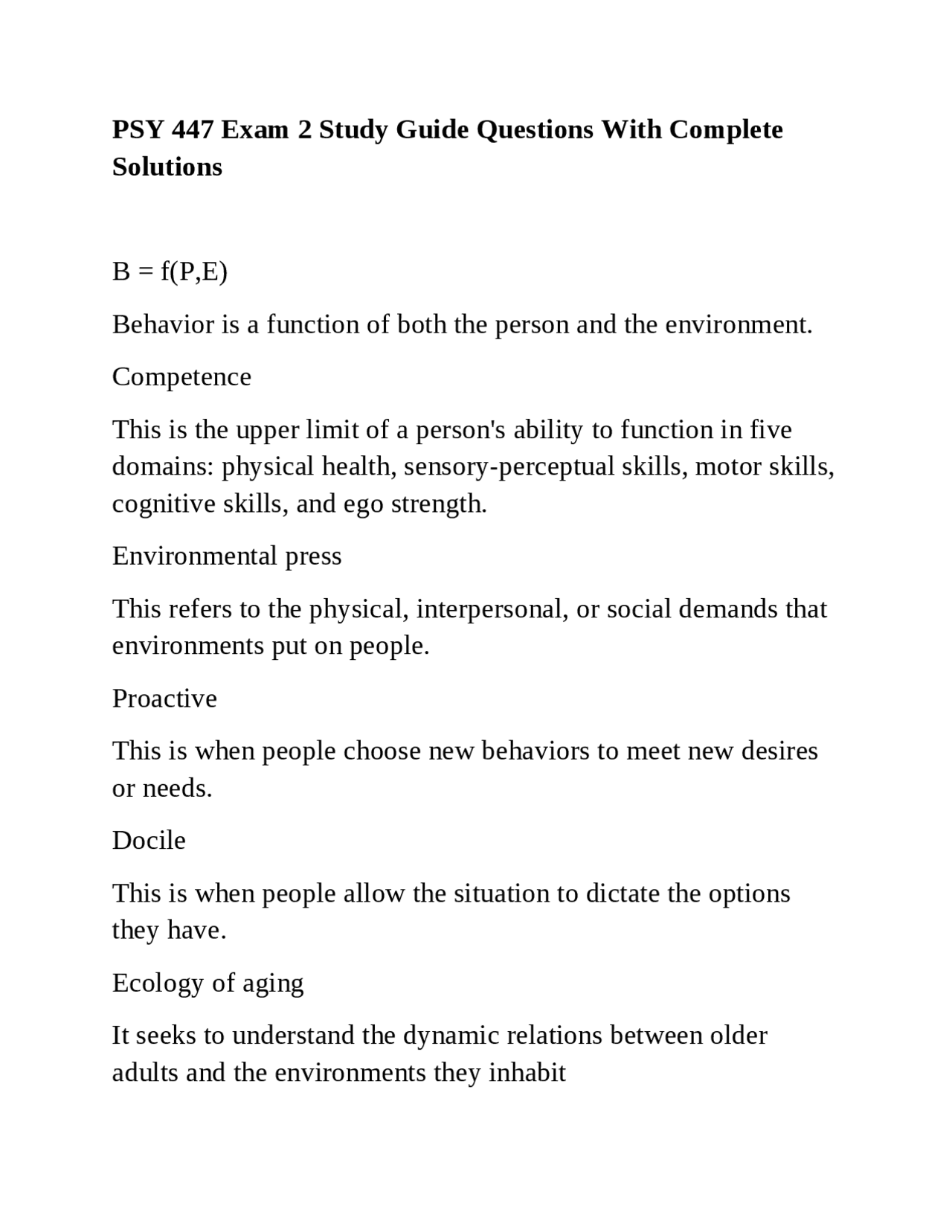 PSY 447 Exam 2 Study Guide Questions With Complete Solutions | Exams ...