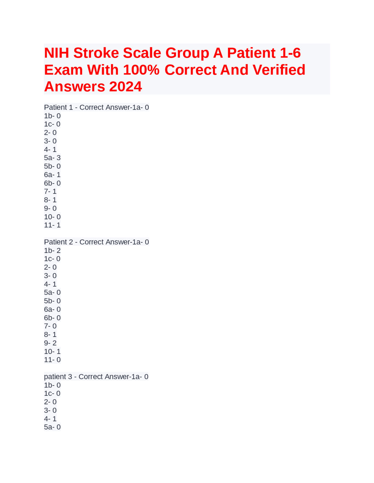 NIH Stroke Scale Group A Patient 16 Exam With 100 Correct And
