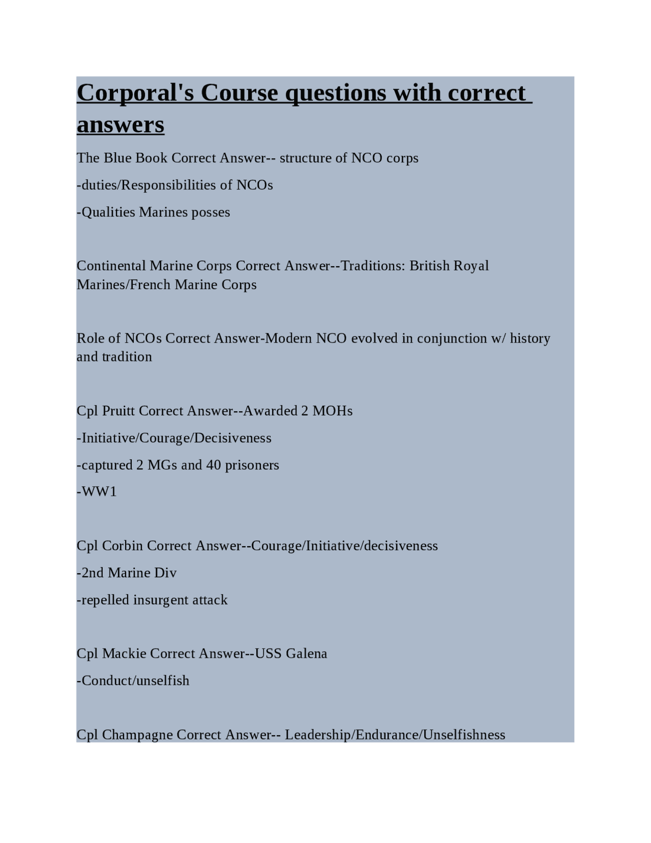 Corporal's Course questions with correct answers | Exams Law | Docsity