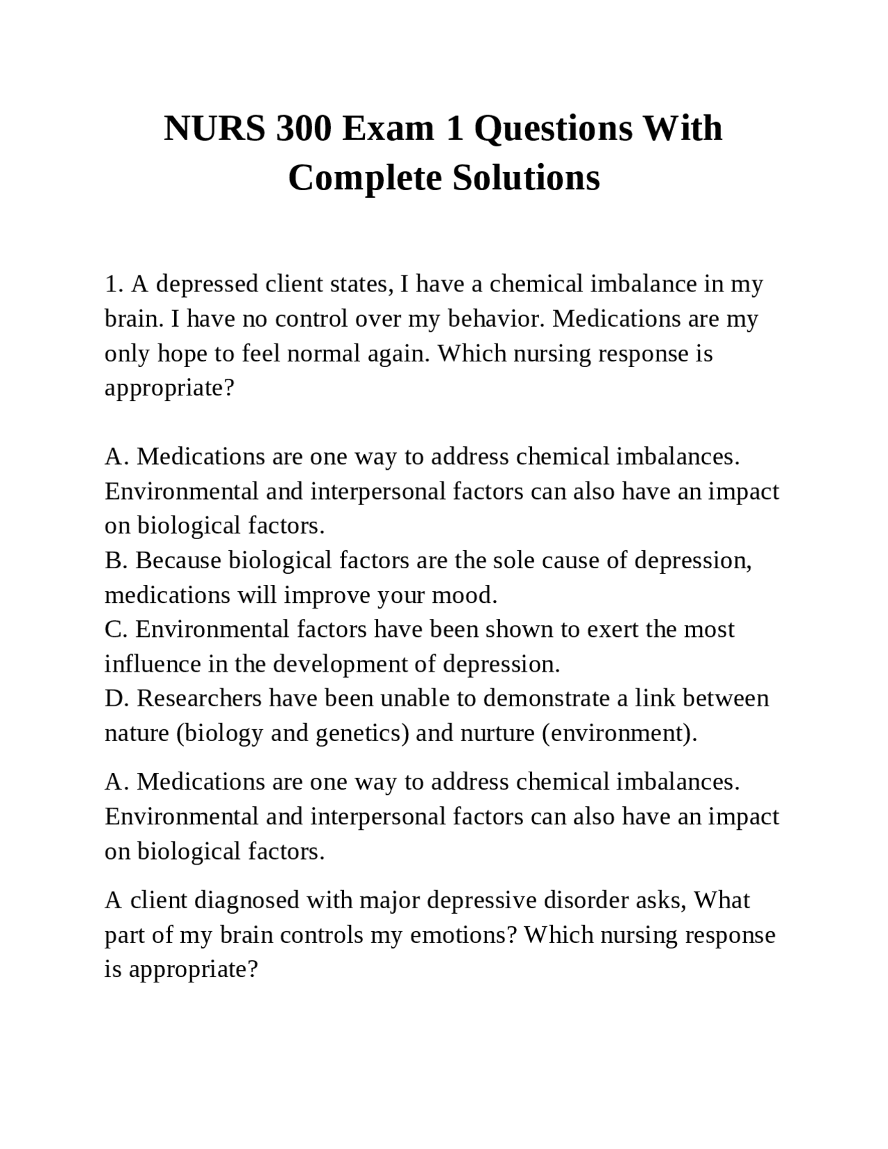 NURS 300 Exam 1 Questions With Complete Solution1 | Exams Nursing | Docsity