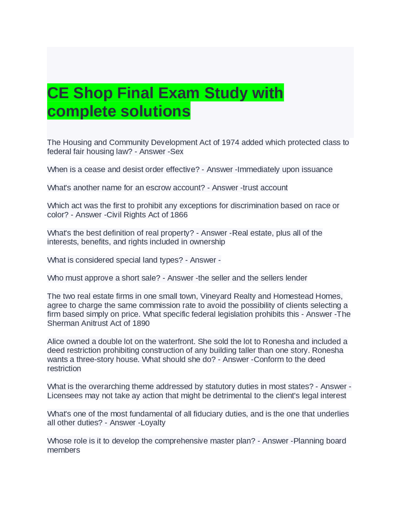 CE Shop Final Exam Study with complete solutions | Exams Advanced ...