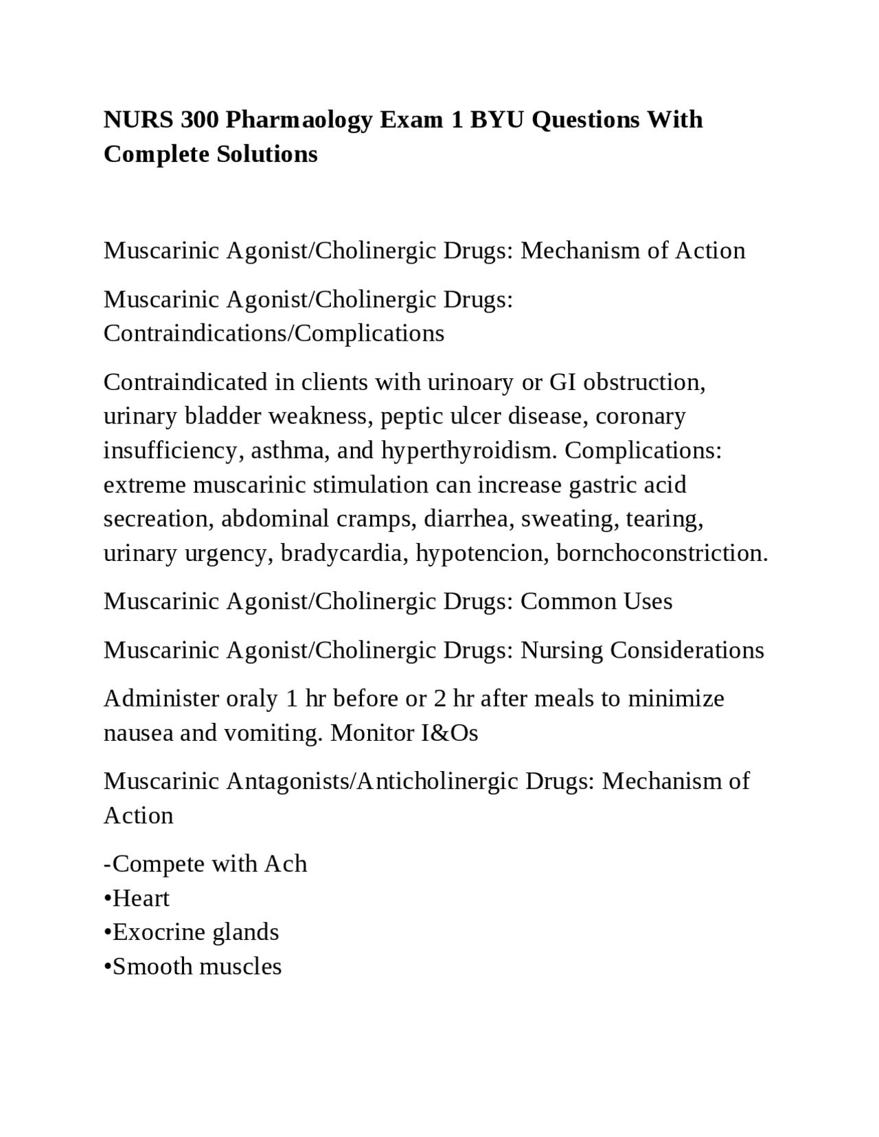 NURS 300 Pharmaology Exam 1 BYU Questions With Complete Solutions ...