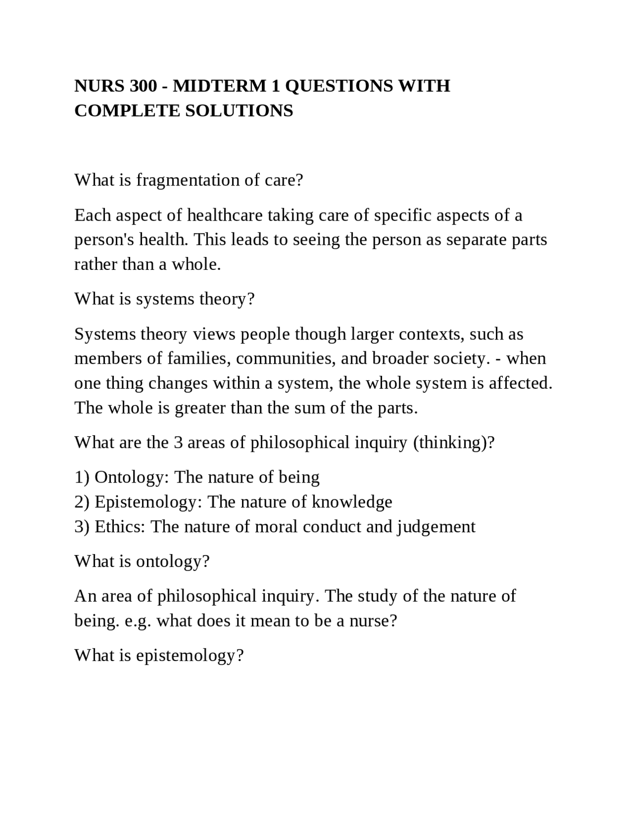 NURS 300 - MIDTERM 1 QUESTIONS WITH COMPLETE SOLUTIONS | Exams Nursing ...