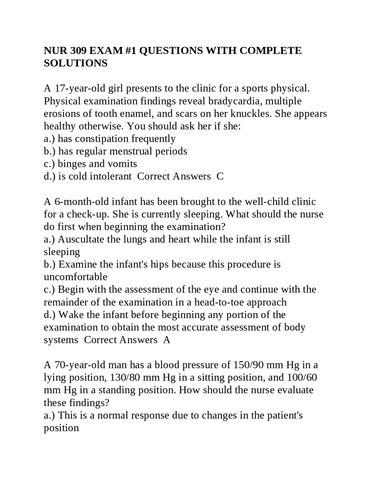 NUR 309 EXAM #1 QUESTIONS WITH COMPLETE SOLUTIONS | Exams Nursing | Docsity