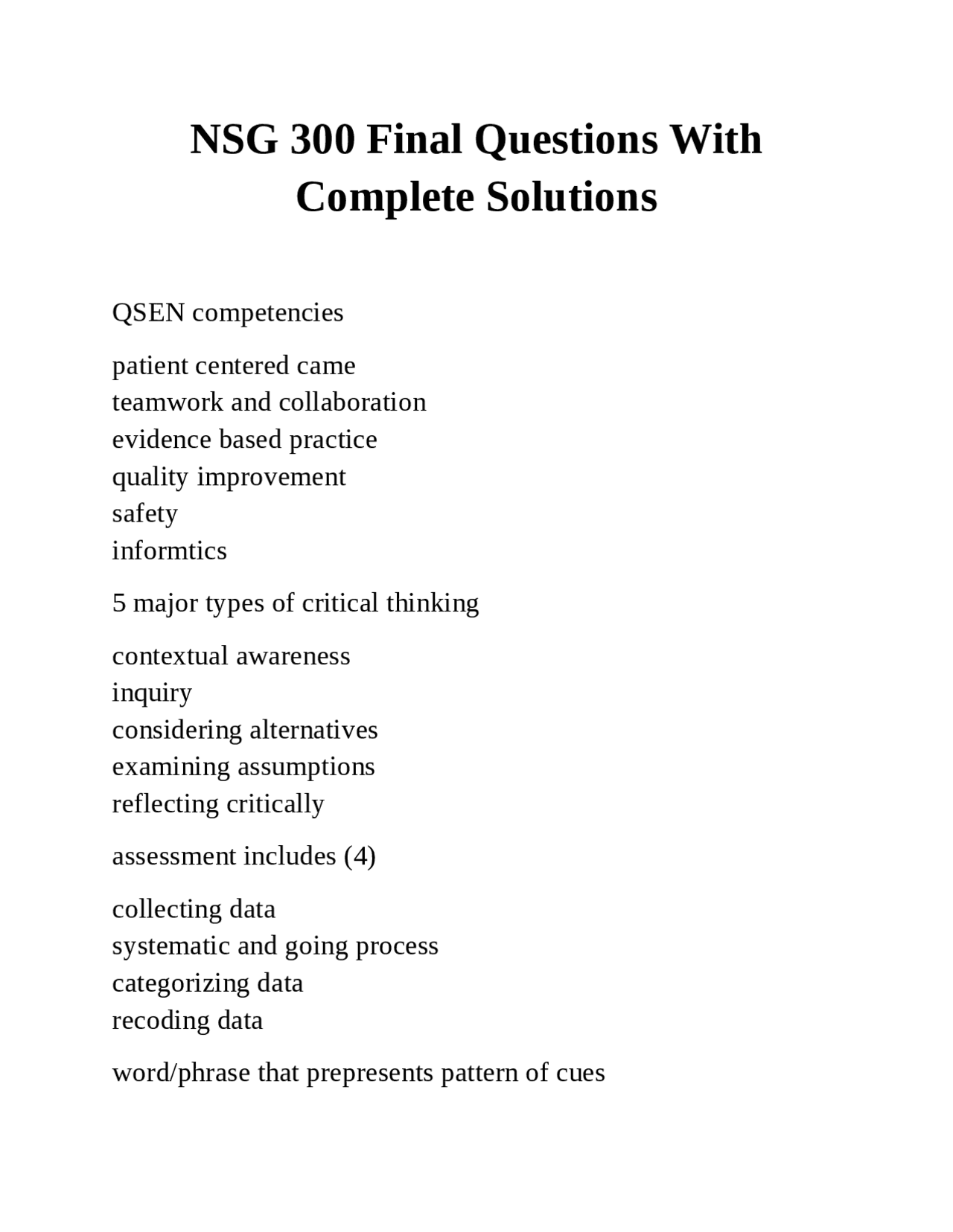 NSG 300 Final Questions With Complete Solutions | Exams Nursing | Docsity