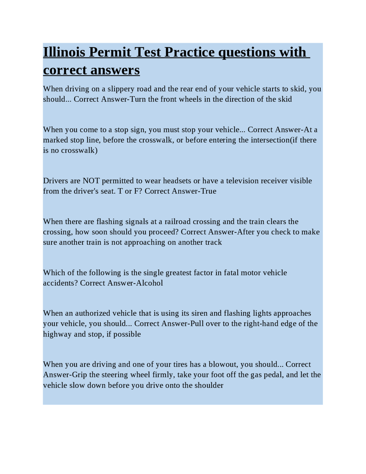 Illinois Permit Test Practice questions with correct answers | Exams ...