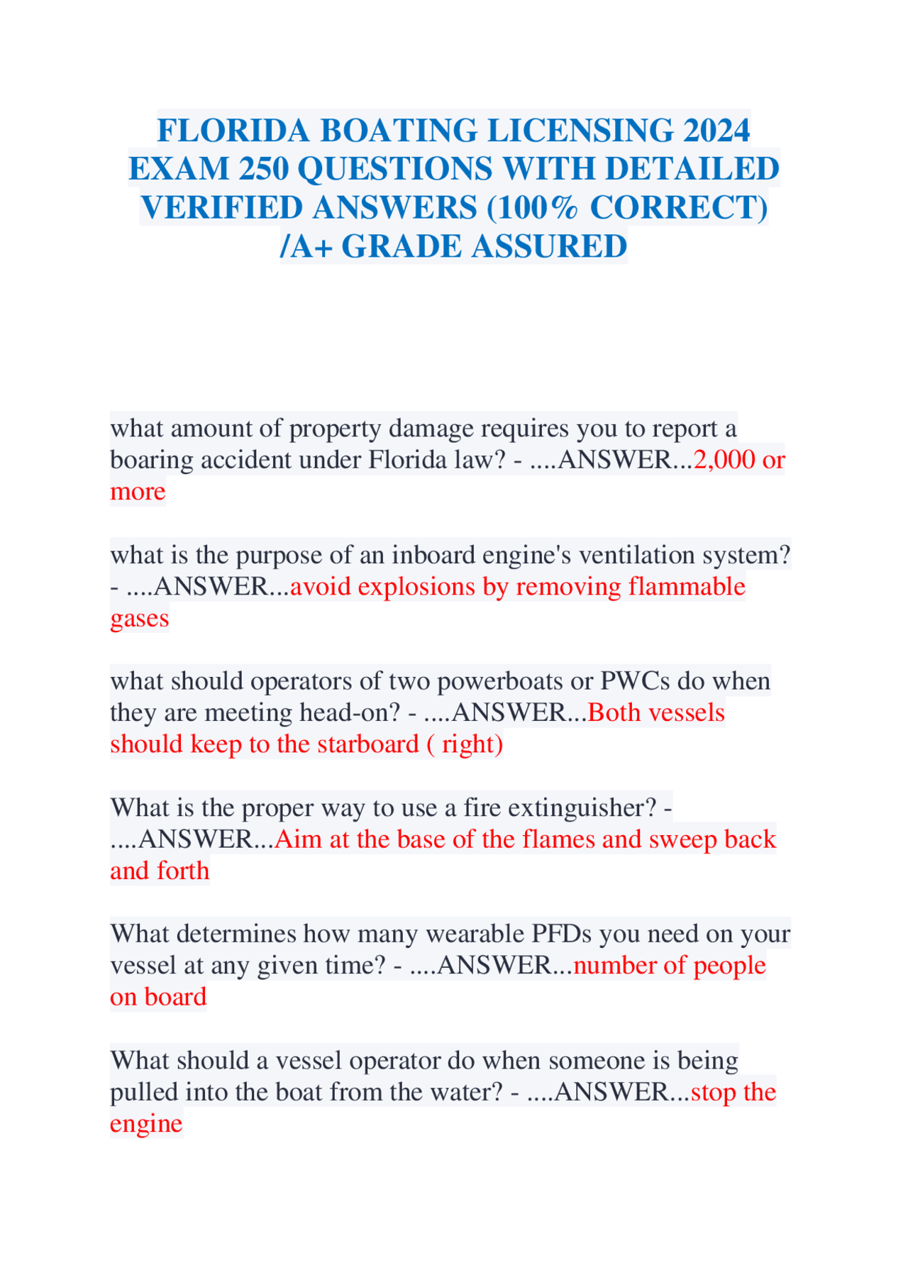 FLORIDA BOATING LICENSING 2024 EXAM 250 QUESTIONS WITH DETAILED