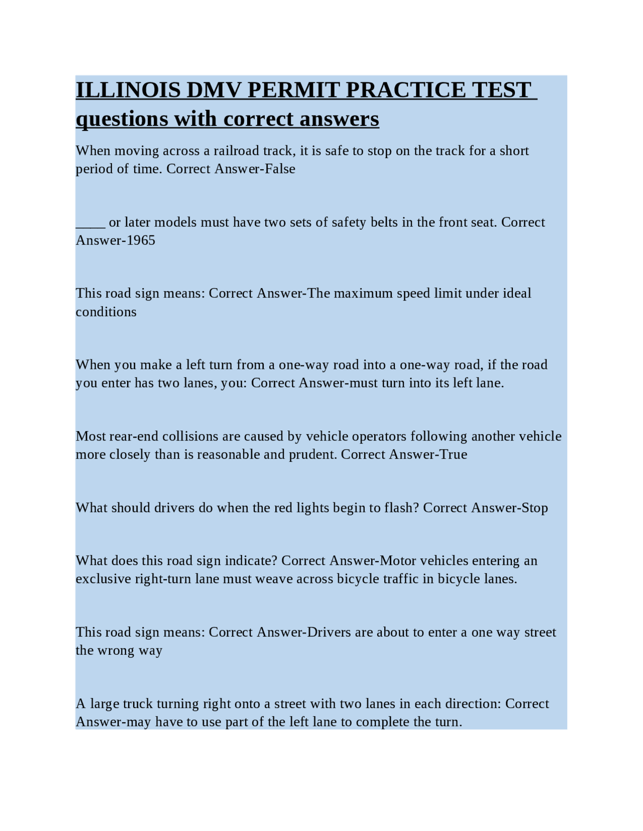 ILLINOIS DMV PERMIT PRACTICE TEST questions with correct answers ...