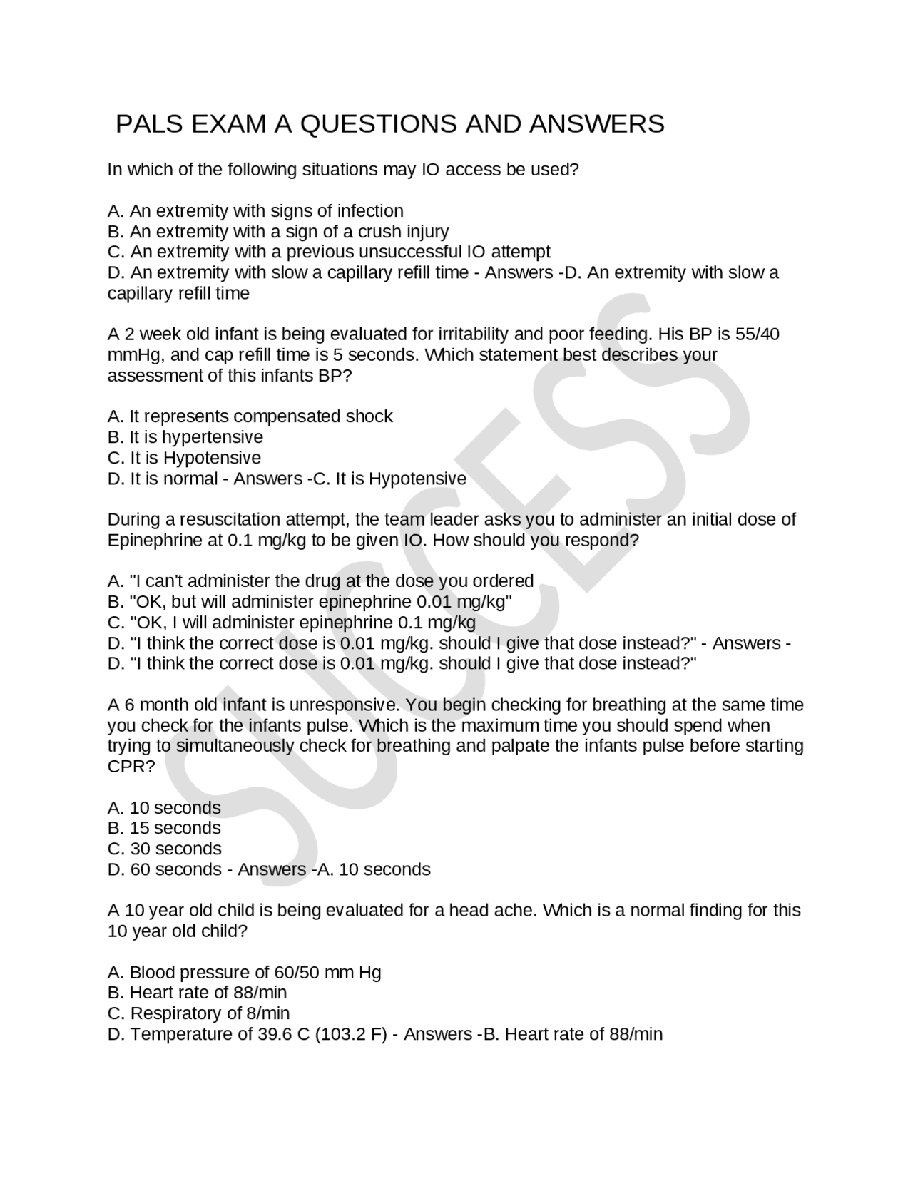 PALS EXAM A QUESTIONS AND ANSWERS | Exams Nursing | Docsity