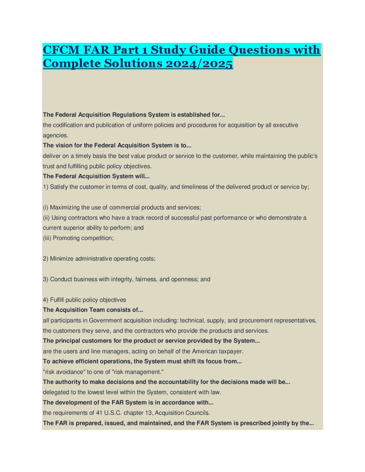 CFCM FAR Part 1 Study Guide Questions with Complete Solutions 2024/2025 ...