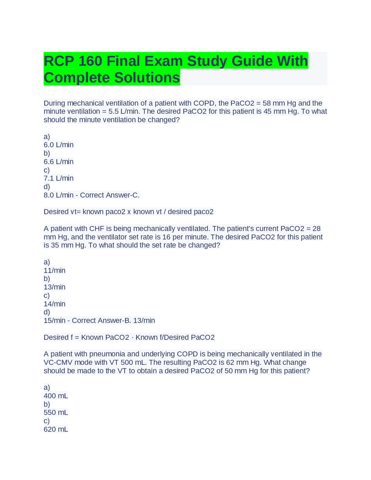 RCP 160 Final Exam Study Guide With Complete Solutions 2024 | Exams ...