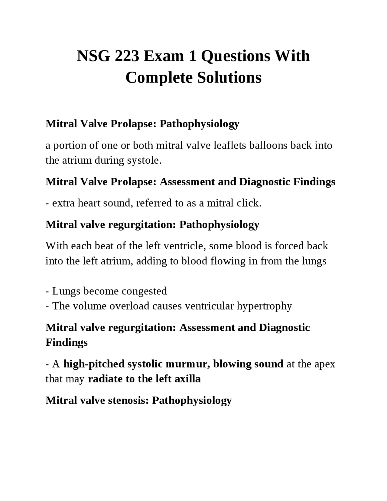 NSG 223 Exam 1 Questions With Complete Solutions | Exams Nursing | Docsity