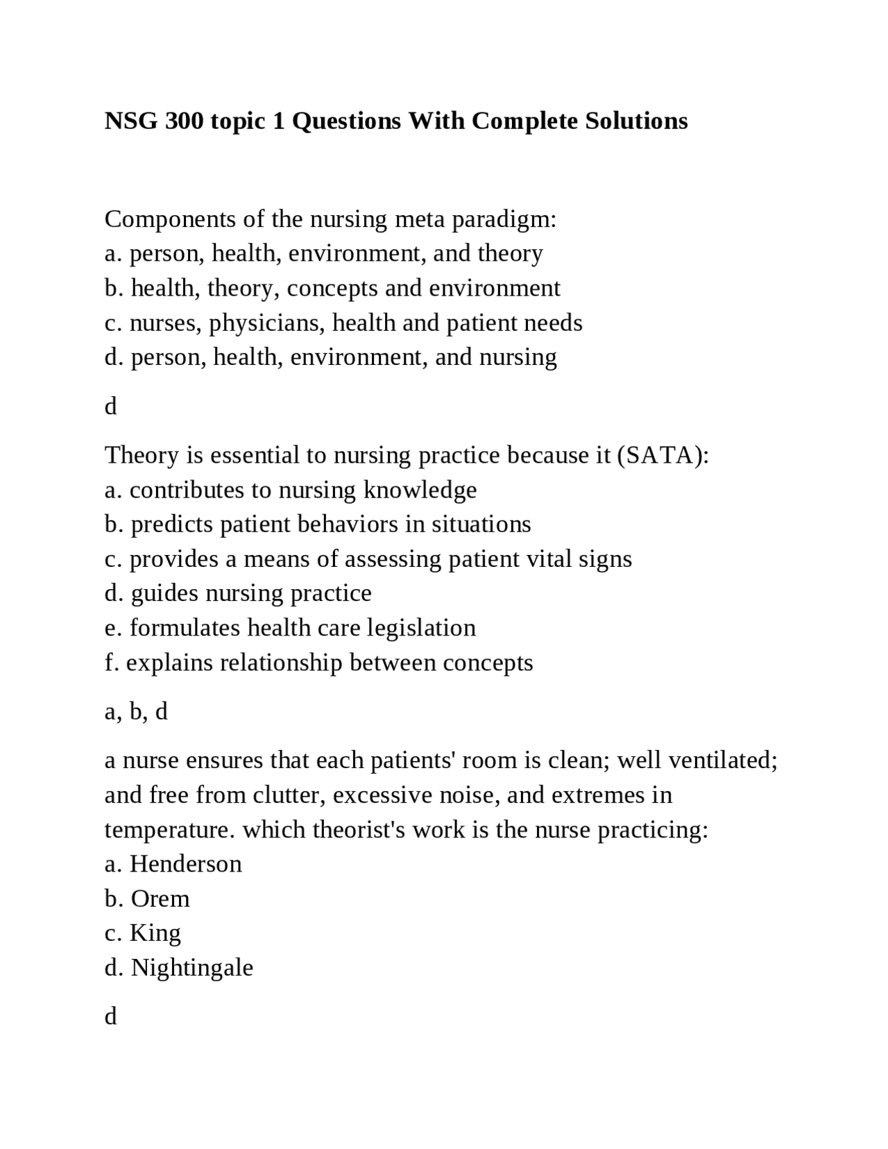 NSG 300 topic 1 Questions With Complete Solution2 | Exams Nursing | Docsity
