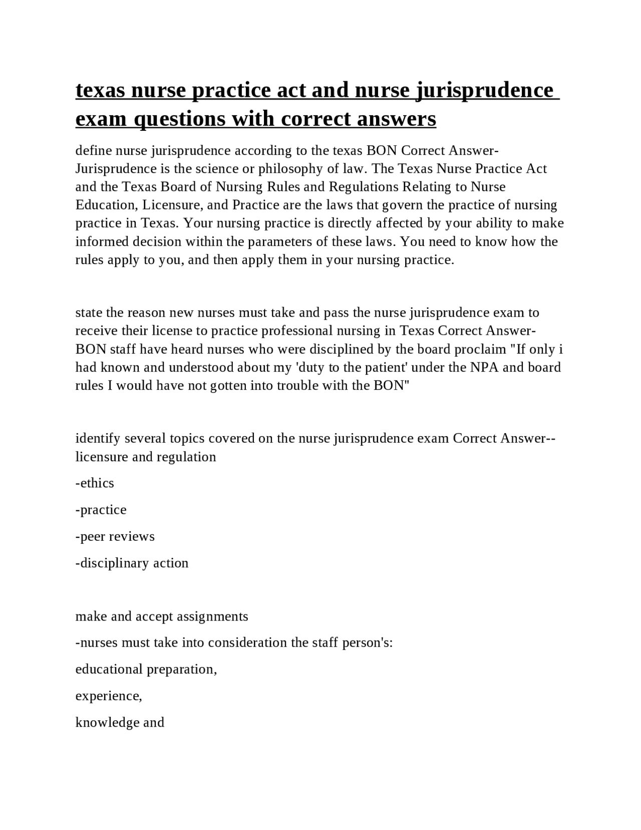 Texas nurse practice act and nurse jurisprudence exam questions with