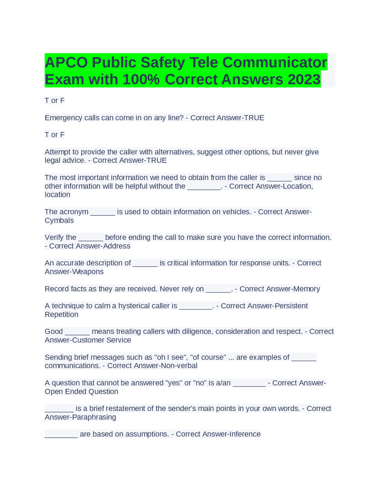 Smart Communicator Training Answers.pdf APCO Public Safety Tele Communicator Exam with 100% Correct Answers ...