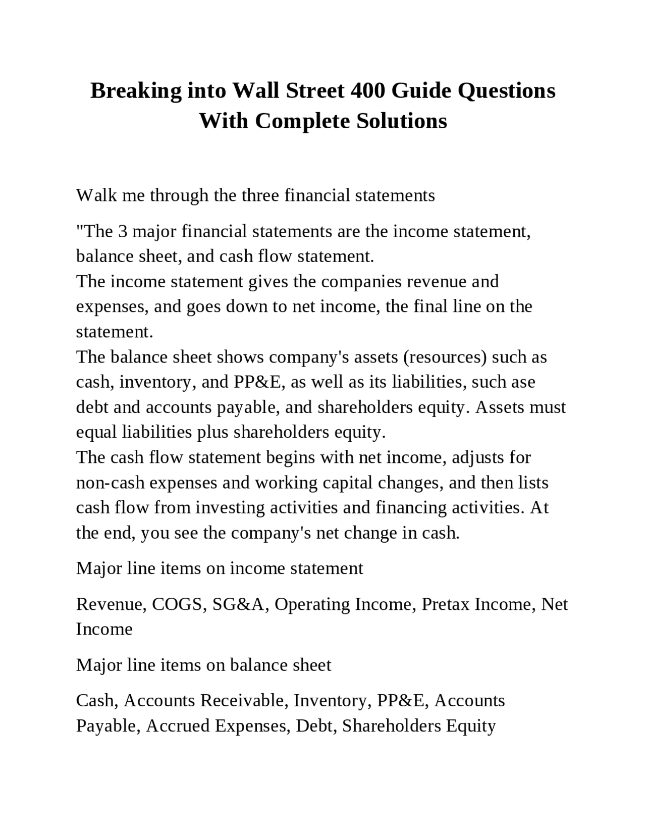 Breaking into Wall Street 400 Guide Questions With Complete Solutions | Exams Finance | Docsity