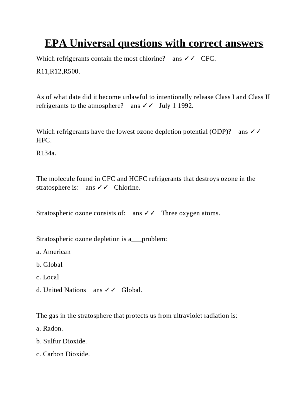 EPA Universal Questions with Correct Answers | Exams Nursing | Docsity
