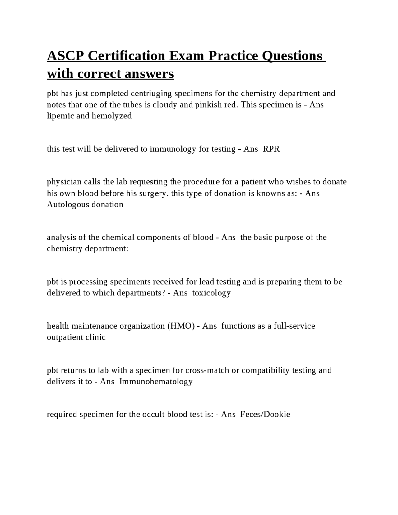 ASCP BOC EXAM Study Guide questions with correct answers | Exams ...