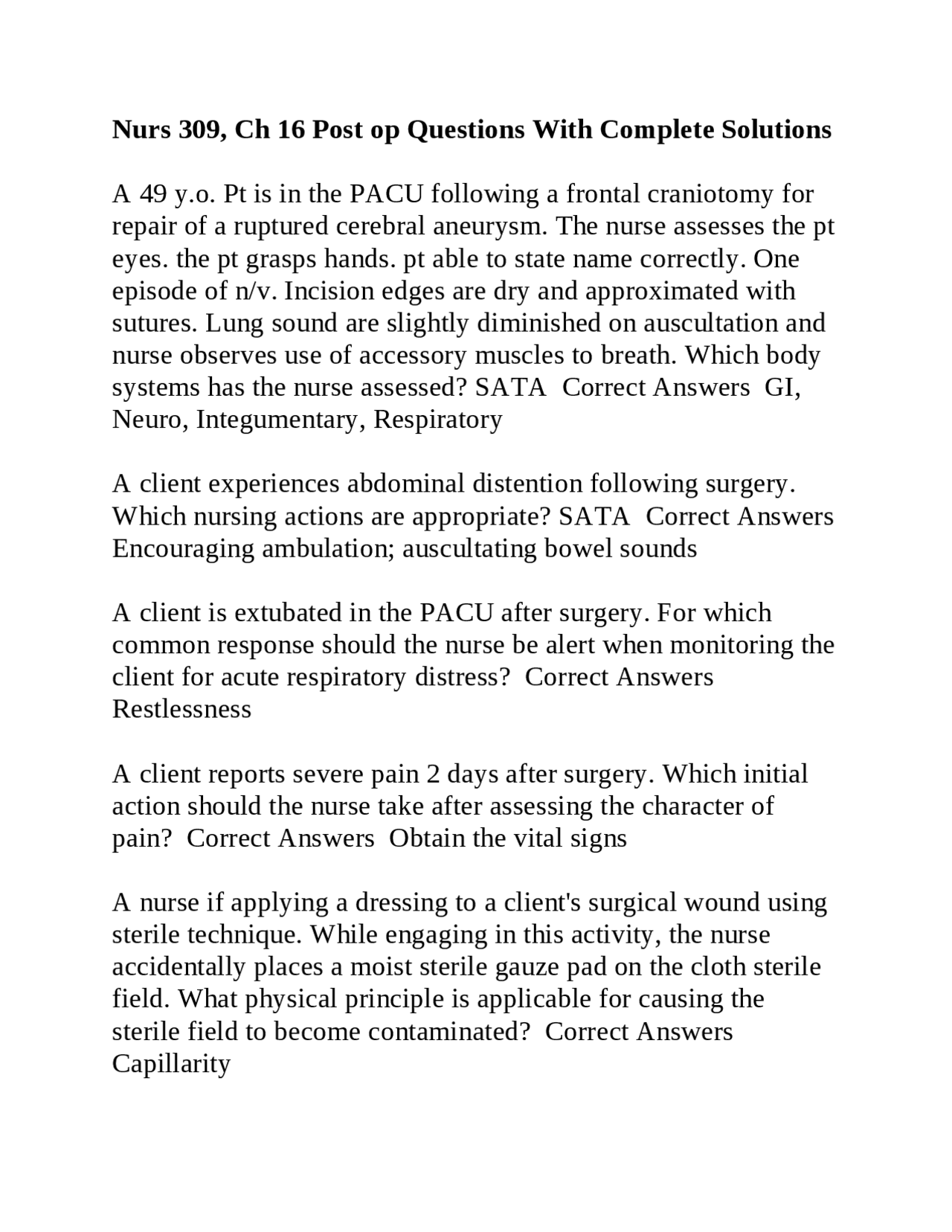 Post-Operative Nursing Care | Exams Nursing | Docsity